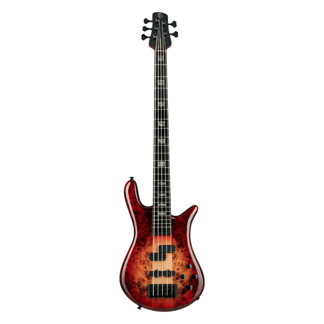 Front view of Spector Euro 5 CST Bass Guitar Natural Red Burst Gloss on white background
