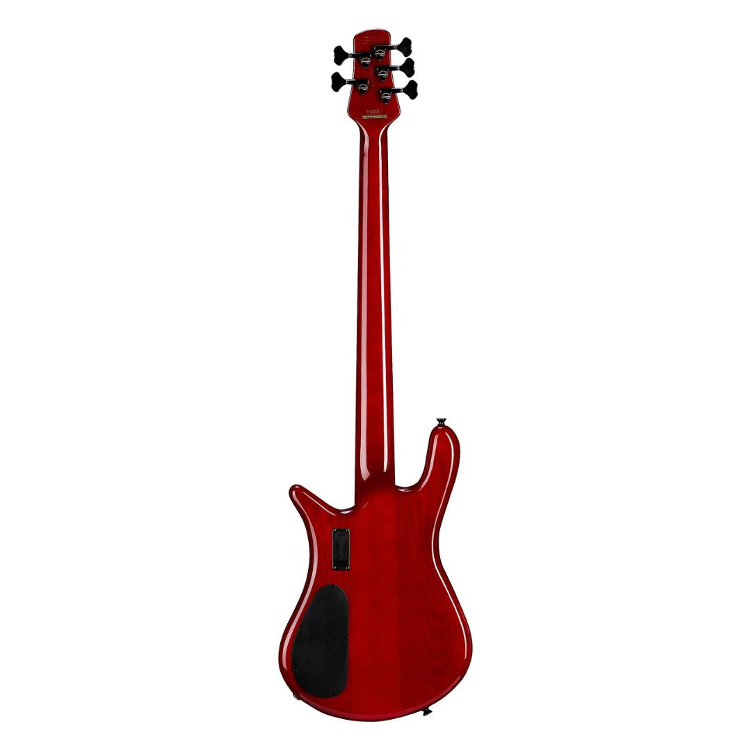 Rear view of Spector Euro 5 CST Bass Guitar Natural Red Burst Gloss on white background