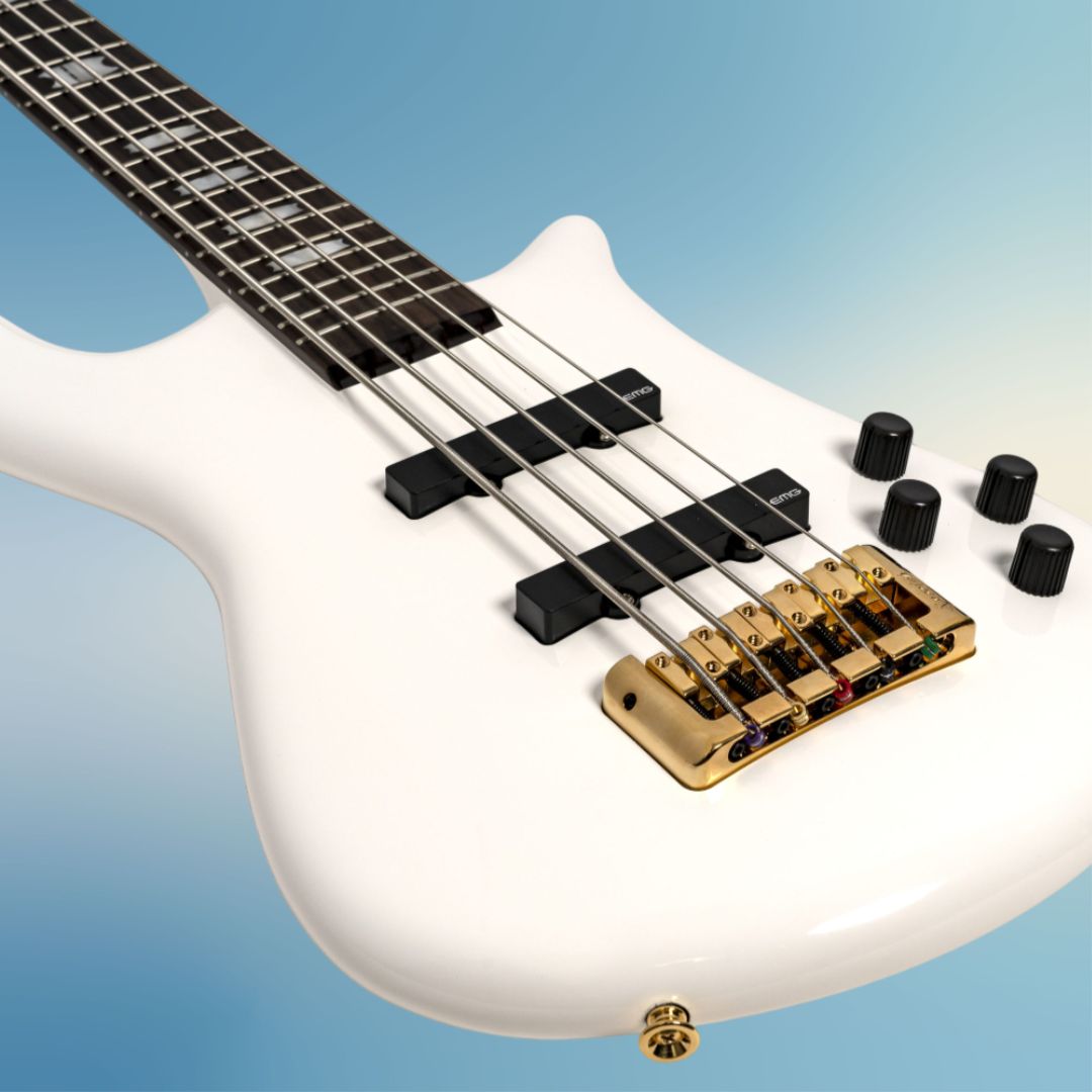 Angled close up view of Spector Euro 5 Classic Bass Guitar Solid White on blue background