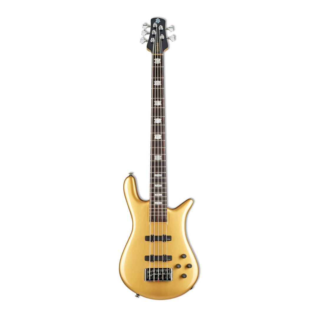 Front view of Spector Euro 5 Classic Bass Guitar Solid Metallic Gold Gloss on white background