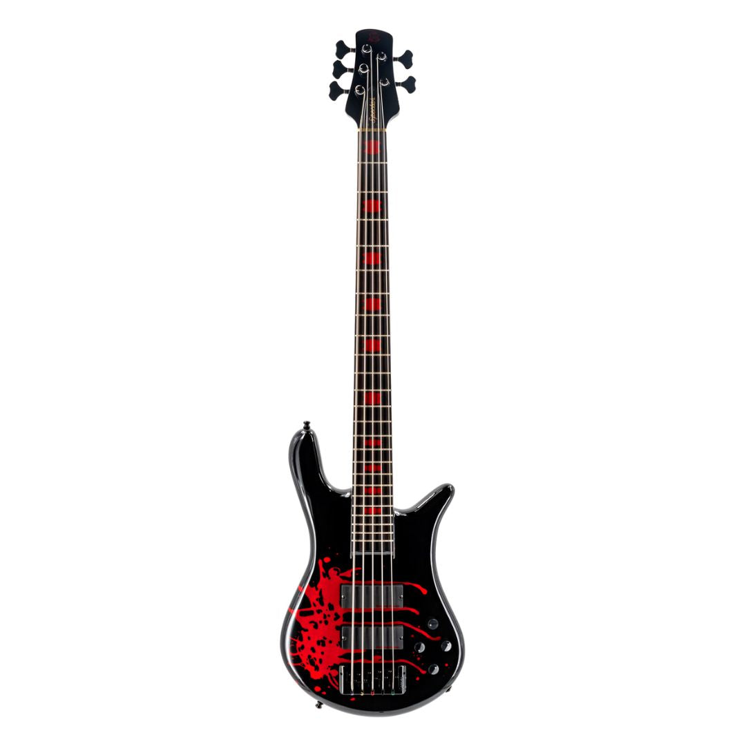 Front view of Spector Euro5 LX Alex Webster Signature Bass Guitar Blood Red Drip on white background