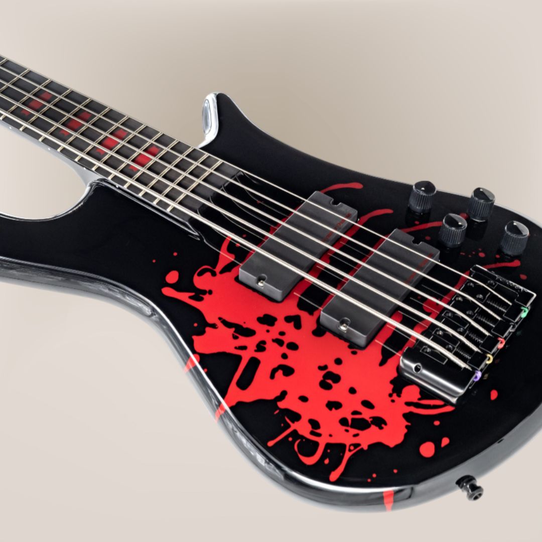 Close up front view of Spector Euro5 LX Alex Webster Signature Bass Guitar Blood Red Drip on tan background