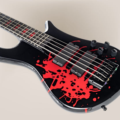 Close up front view of Spector Euro5 LX Alex Webster Signature Bass Guitar Blood Red Drip on tan background