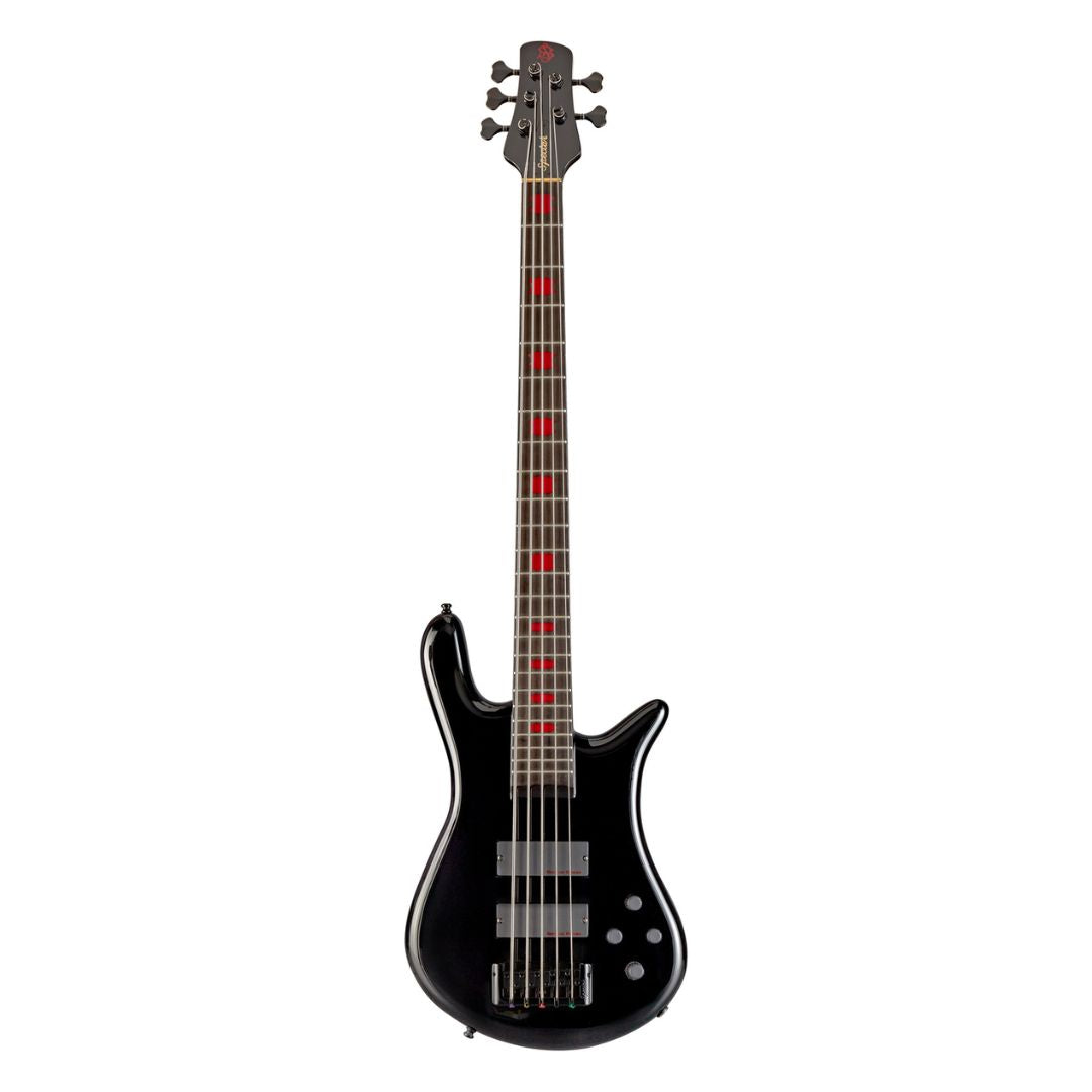 Front view of Spector Euro5 LX Alex Webster Signature Bass Guitar Solid Black on white background