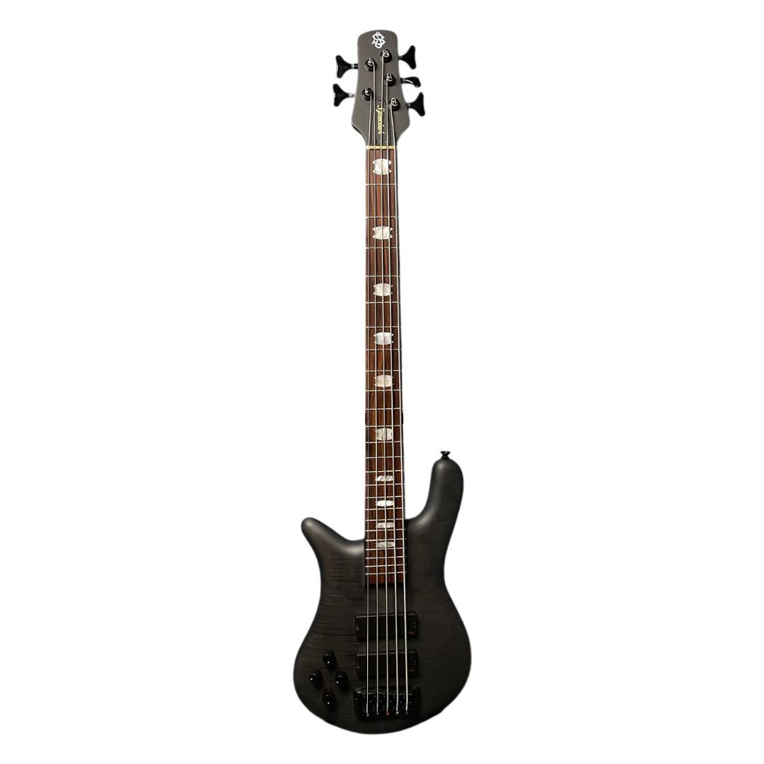 Front view of Spector Euro 5 LX Bass Guitar Transparent Black Left-Handed on white background