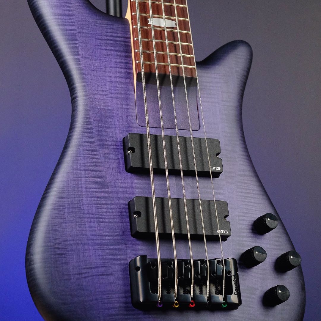 Close up front view of Spector Euro 5 LX Bolt-On Bass Guitar Nightshade on blue background