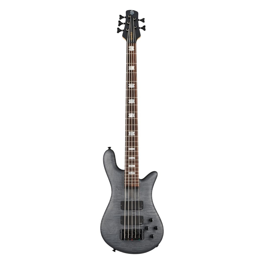 Front view of Spector Euro 5 LX Bolt-On Bass Guitar Transparent Black on white background