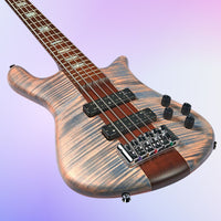 Angled close up front view of Spector Euro 5 RST Bass Guitar Sundown Glow Matte on purple gradient background
