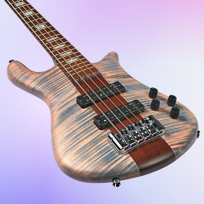 Angled close up front view of Spector Euro 5 RST Bass Guitar Sundown Glow Matte on purple gradient background