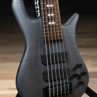 Close up front view of Spector Euro 6 LX Bass Guitar Transparent Black in studio