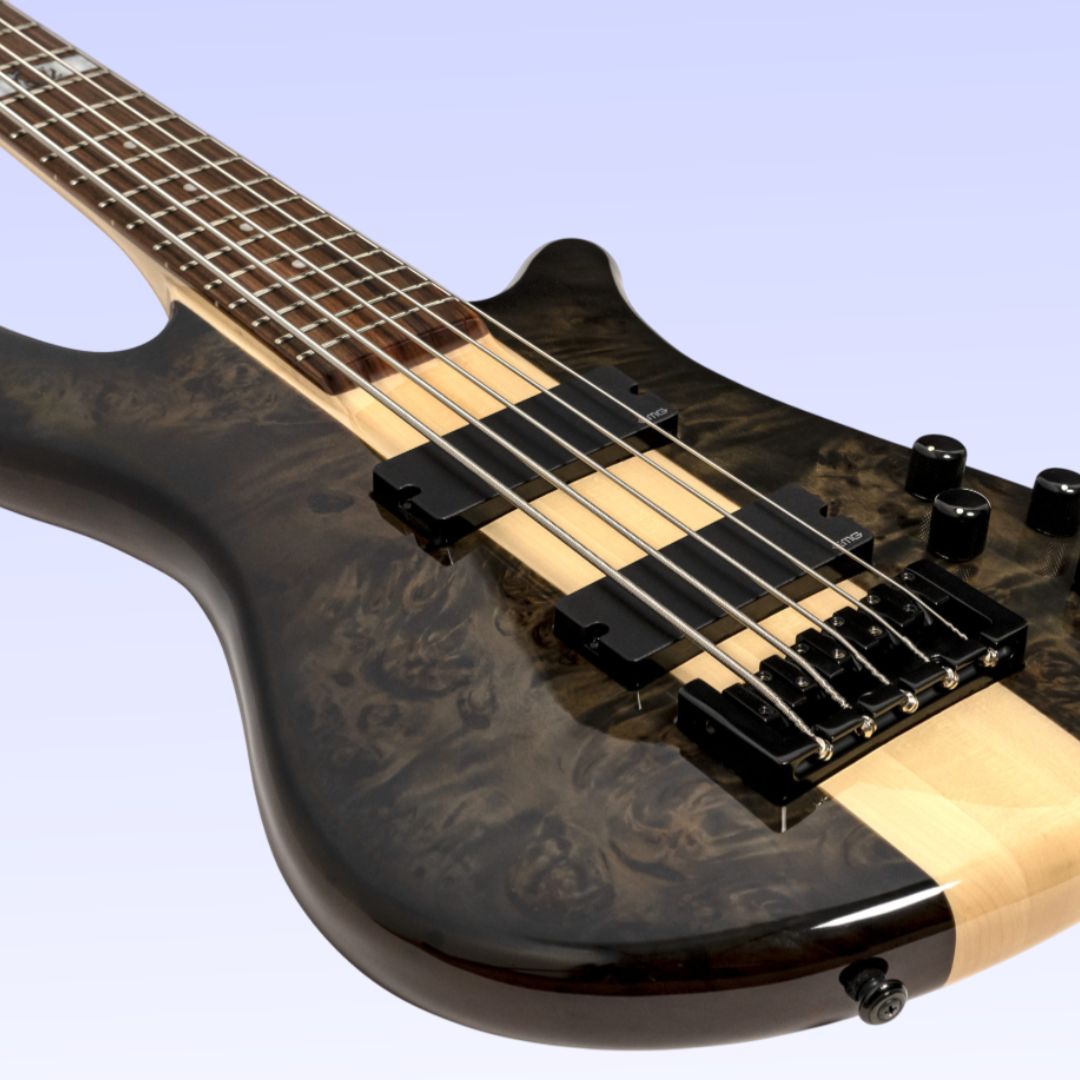 Close up front view of Spector NS-2000/5 Dan Briggs Signature Bass Guitar on purple background
