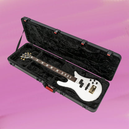Top view of open Spector NS Bass Flight Case with Spector Bass inside on pink background