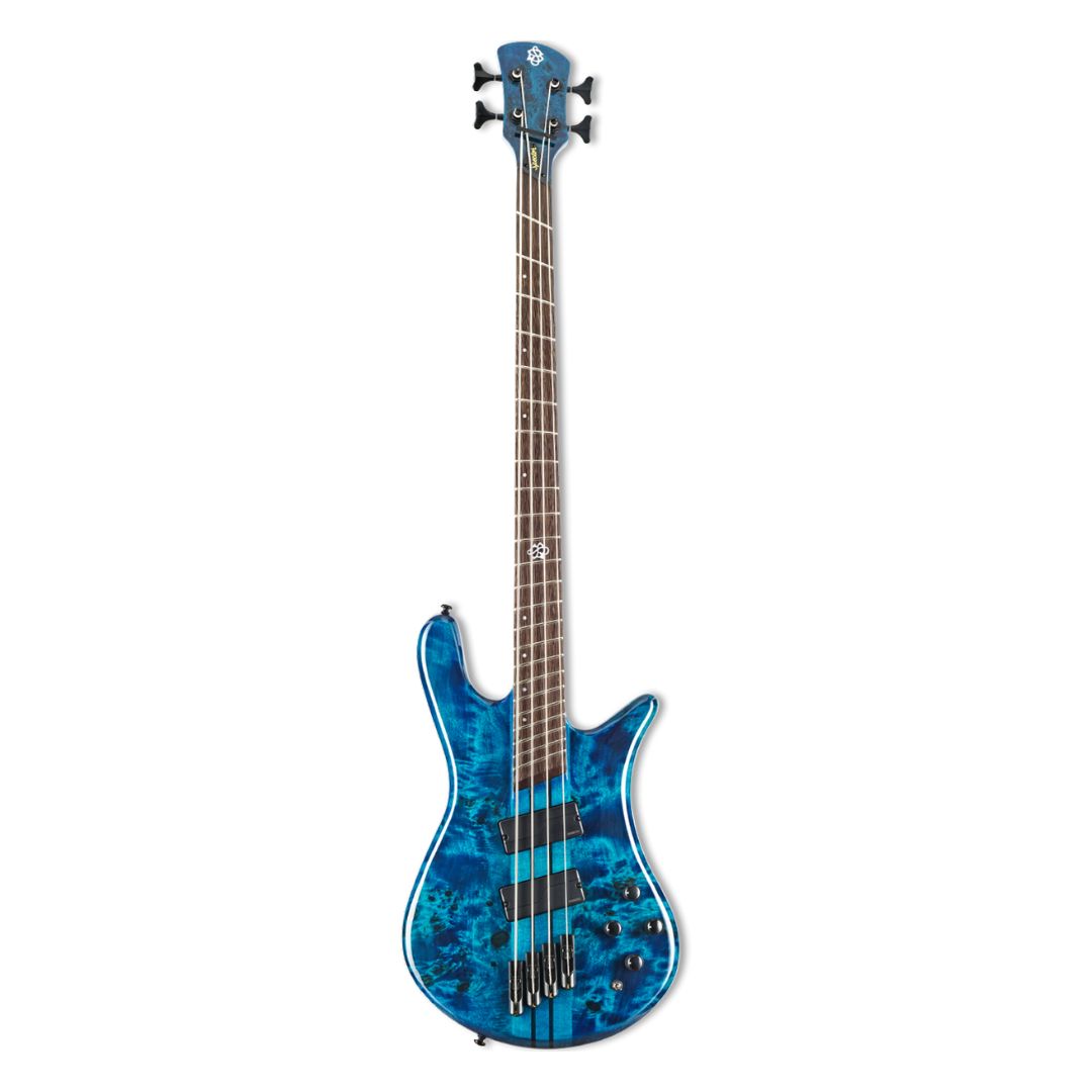 Front view of Spector NS Dimension 4-String Bass Guitar Black & Blue on white background