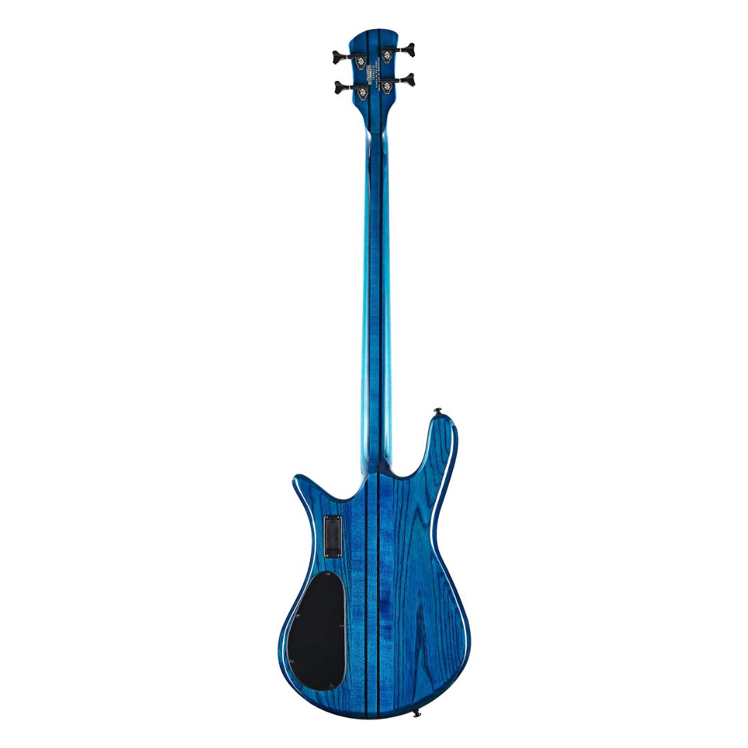 Rear view of Spector NS Dimension 4-String Bass Guitar Black & Blue on white background