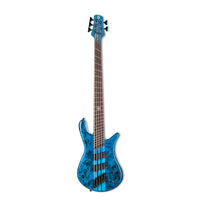 Front view of Spector NS Dimension 5-String Bass Guitar Black & Blue on white background