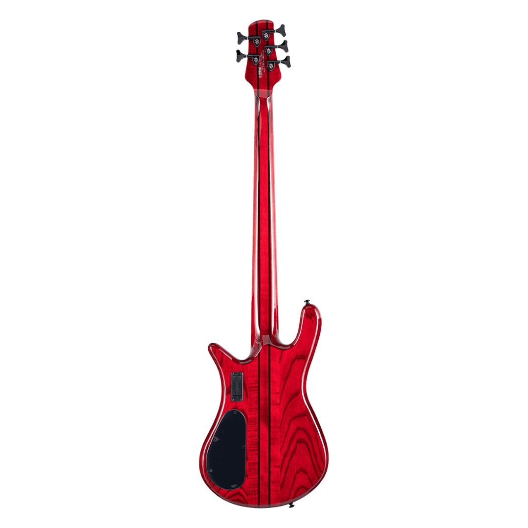 Rear view of Spector NS Dimension 5-String Bass Guitar Inferno Red on white background
