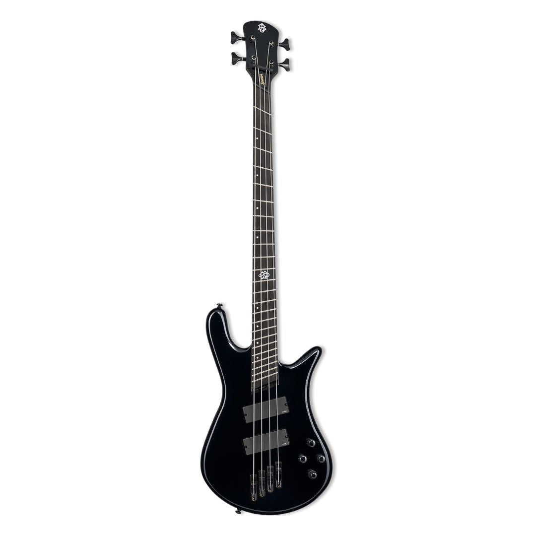 Front view of Spector NS Dimension HP 4-String Bass Guitar Black Gloss on white background