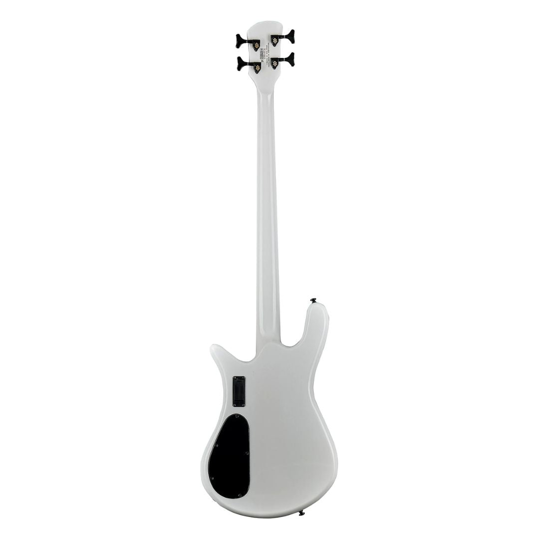 Rear view of Spector NS Dimension HP 4-String Bass Guitar White Sparkle Gloss on white background