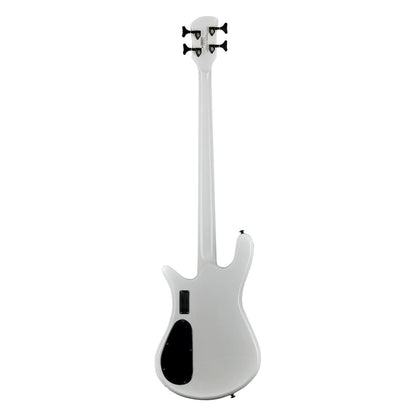 Rear view of Spector NS Dimension HP 4-String Bass Guitar White Sparkle Gloss on white background