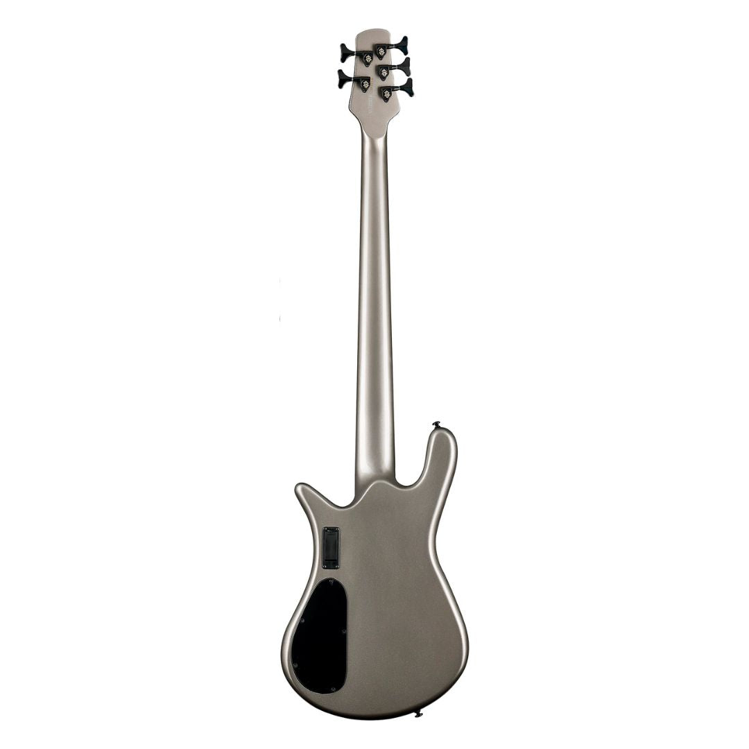 Rear view of Spector NS Dimension HP 5-String Bass Guitar Gunmetal Gloss on white background