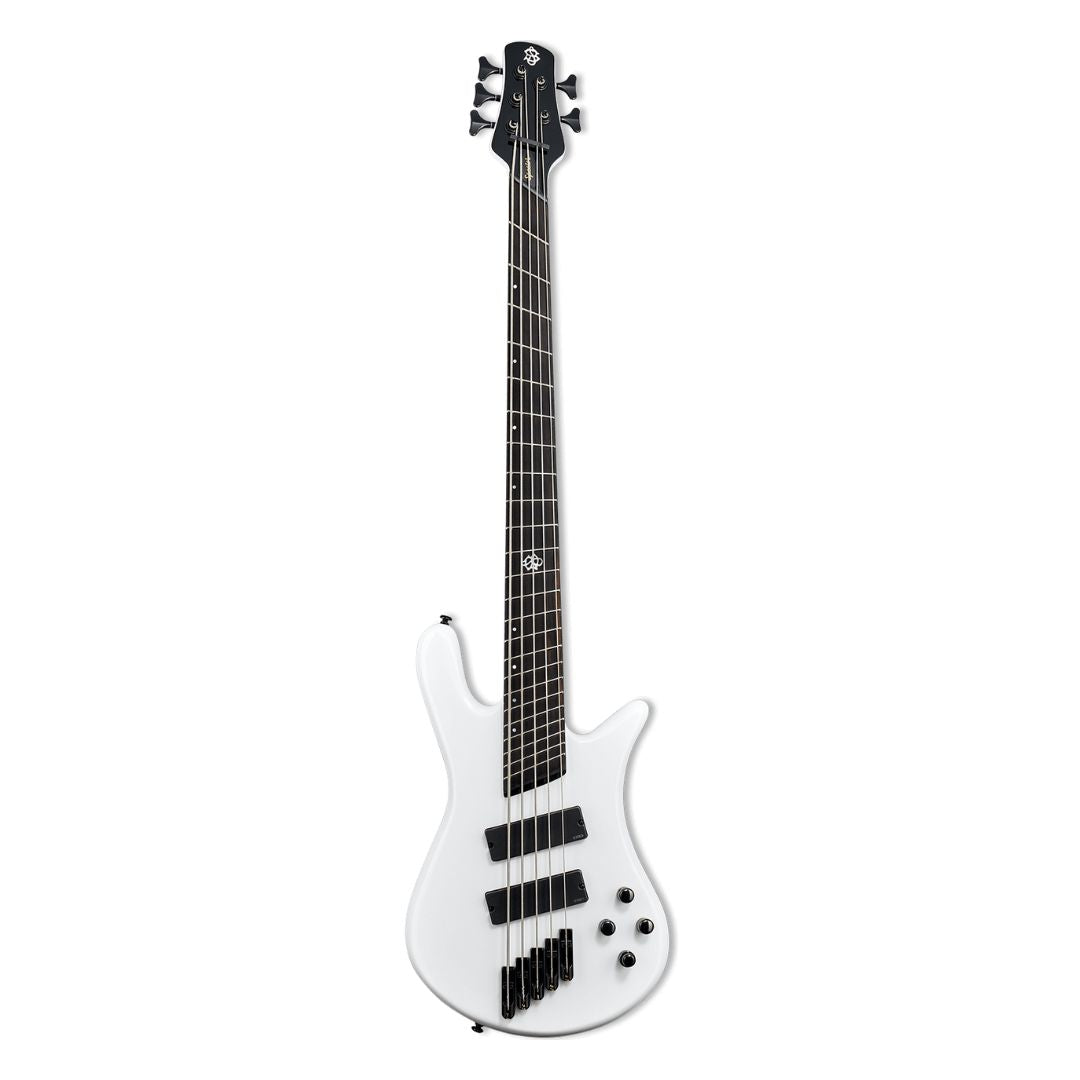 Front view of Spector NS Dimension HP 5-String Bass Guitar White Sparkle Gloss on white background