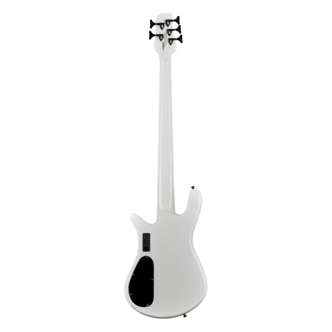 Rear view of Spector NS Dimension HP 5-String Bass Guitar White Sparkle Gloss on white background
