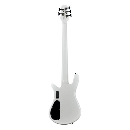 Rear view of Spector NS Dimension HP 5-String Bass Guitar White Sparkle Gloss on white background