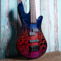 Close up angled front view of Spector NS Ethos 4-String Bass Guitar Interstellar Gloss on aqua background