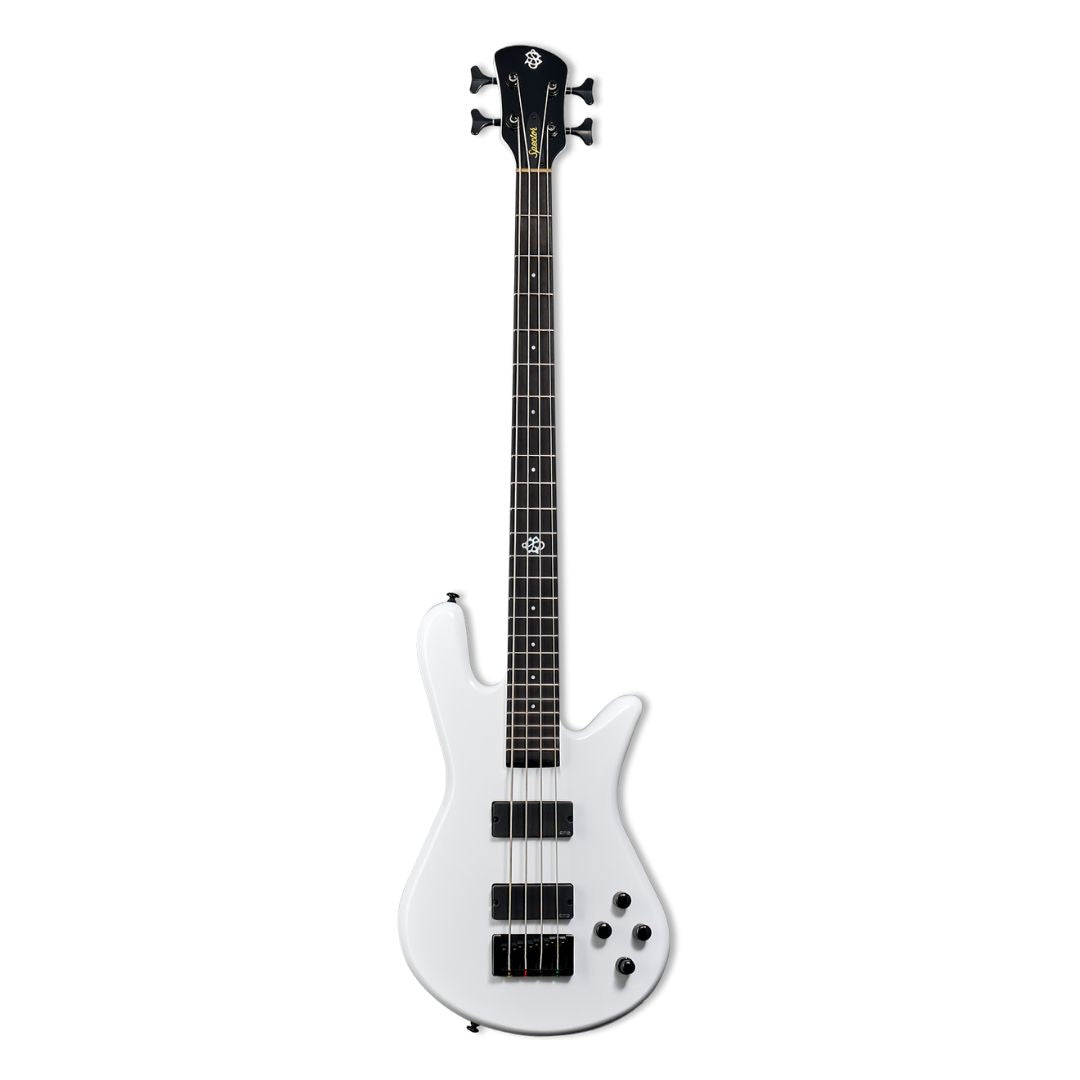 Front view of Spector NS Ethos HP 4-String Bass Guitar White Sparkle Gloss on white background