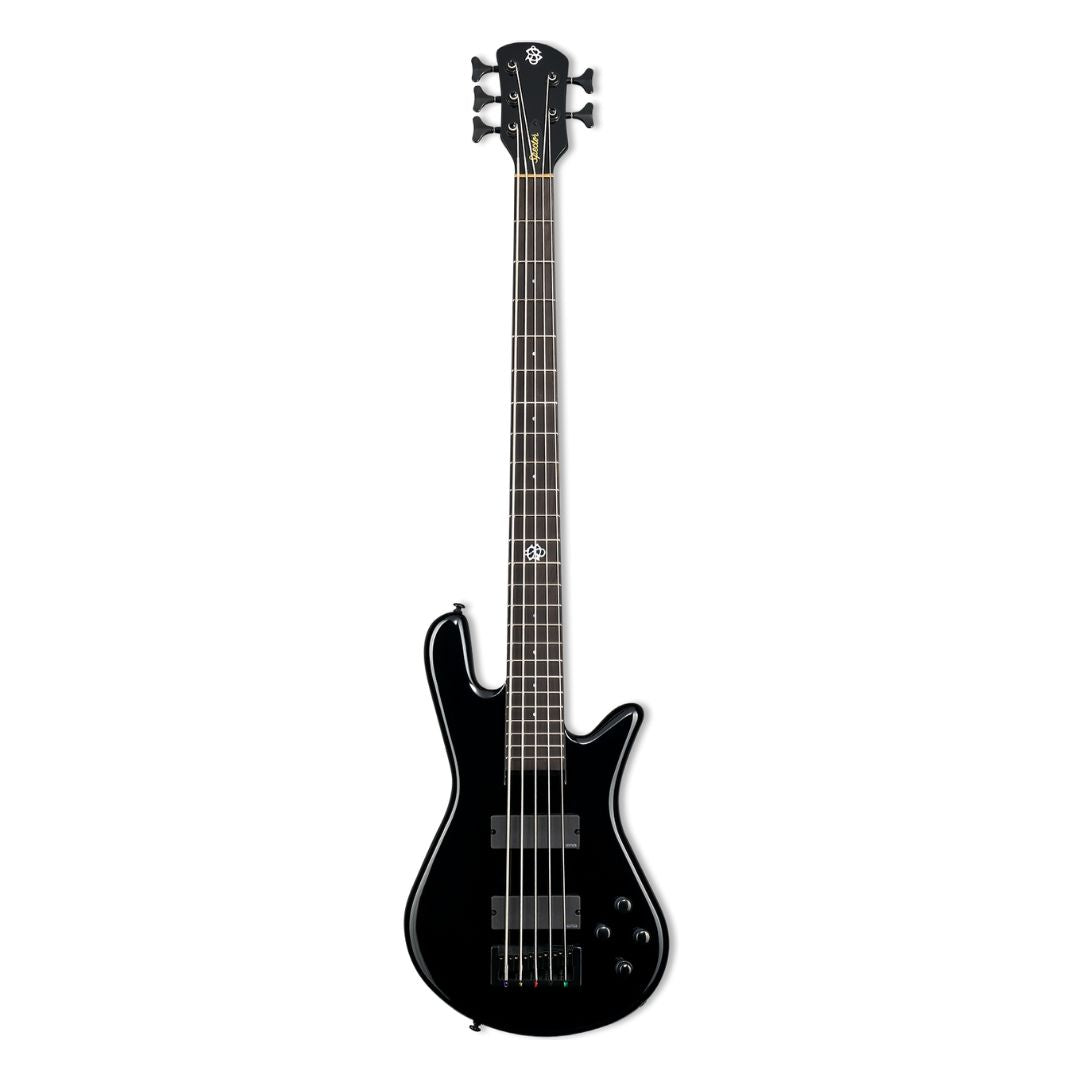 Front view of Spector NS Ethos HP 5-String Bass Guitar Black Gloss on white background