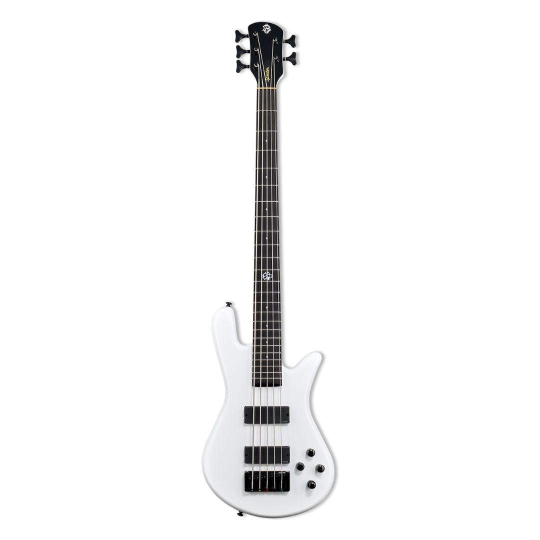 Front view of Spector NS Ethos HP 5-String Bass Guitar White Sparkle Gloss on white background