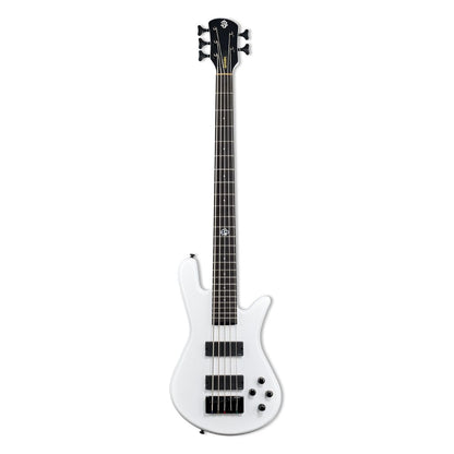 Front view of Spector NS Ethos HP 5-String Bass Guitar White Sparkle Gloss on white background
