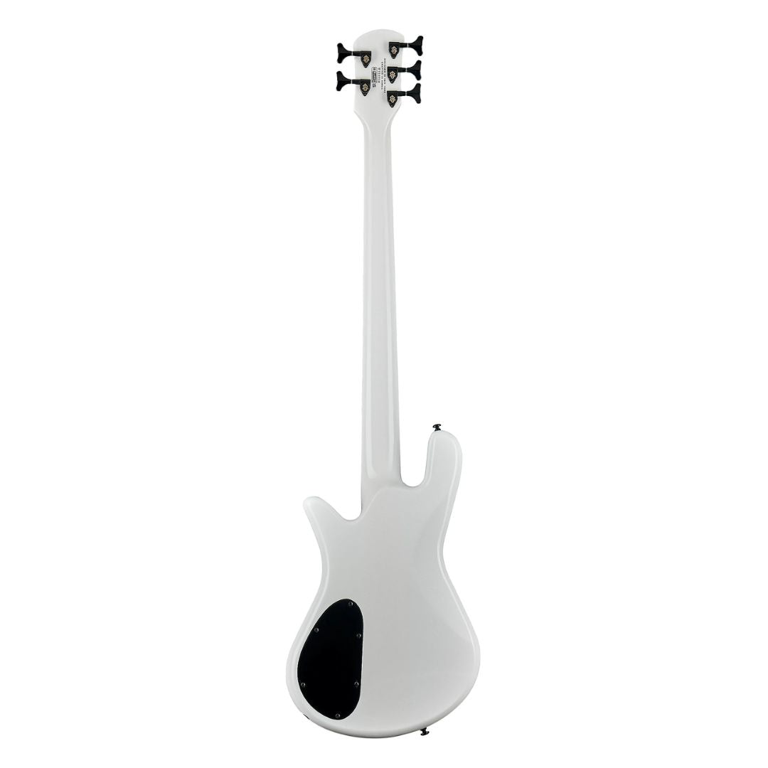 Rear view of Spector NS Ethos HP 5-String Bass Guitar White Sparkle Gloss on white background