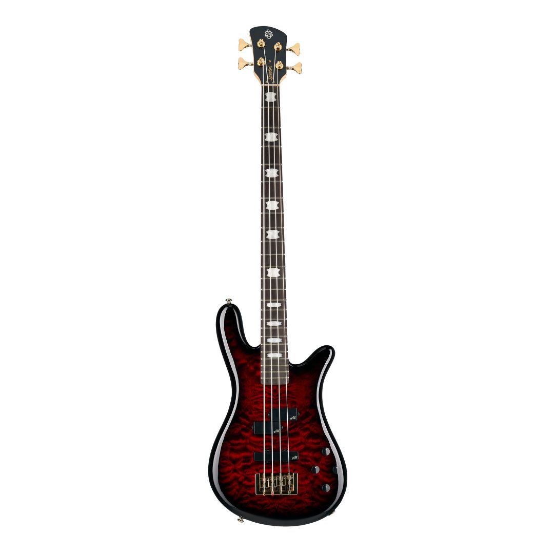 Front view of Spector NS Icon Bolt-On 4-String Bass Guitar Black Cherry Gloss on white background