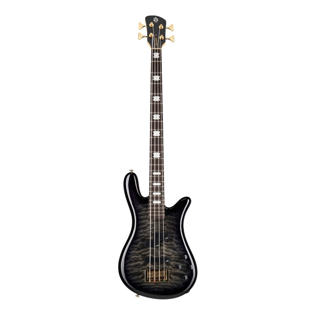 Front view of Spector NS Icon Bolt-On 4-String Bass Guitar Black Stain Gloss on white background