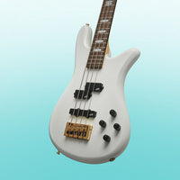 Close up angled view of Spector NS Icon Bolt-On 4-String Bass Guitar White Gloss on blue background