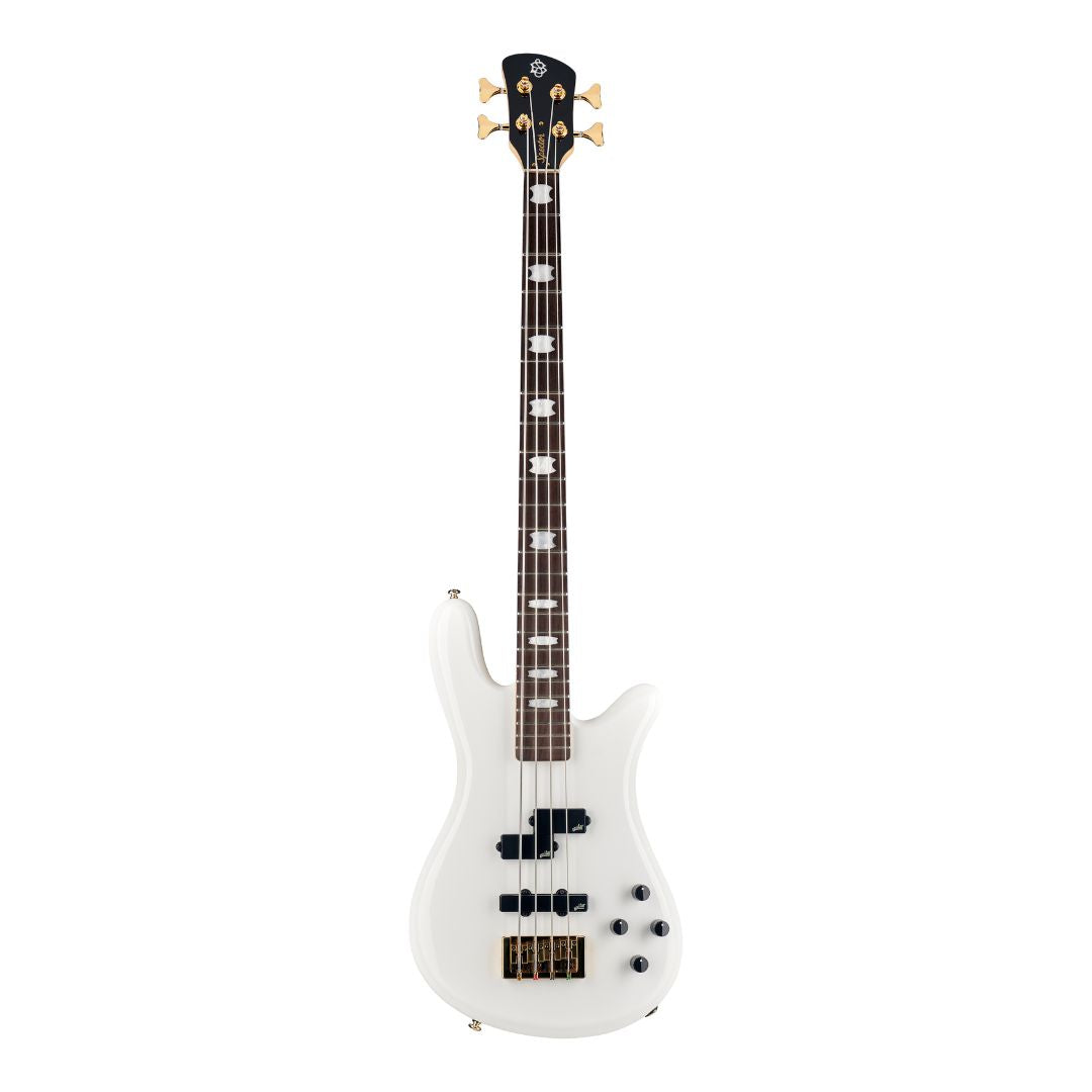 Front view of Spector NS Icon Bolt-On 4-String Bass Guitar White Gloss on white background