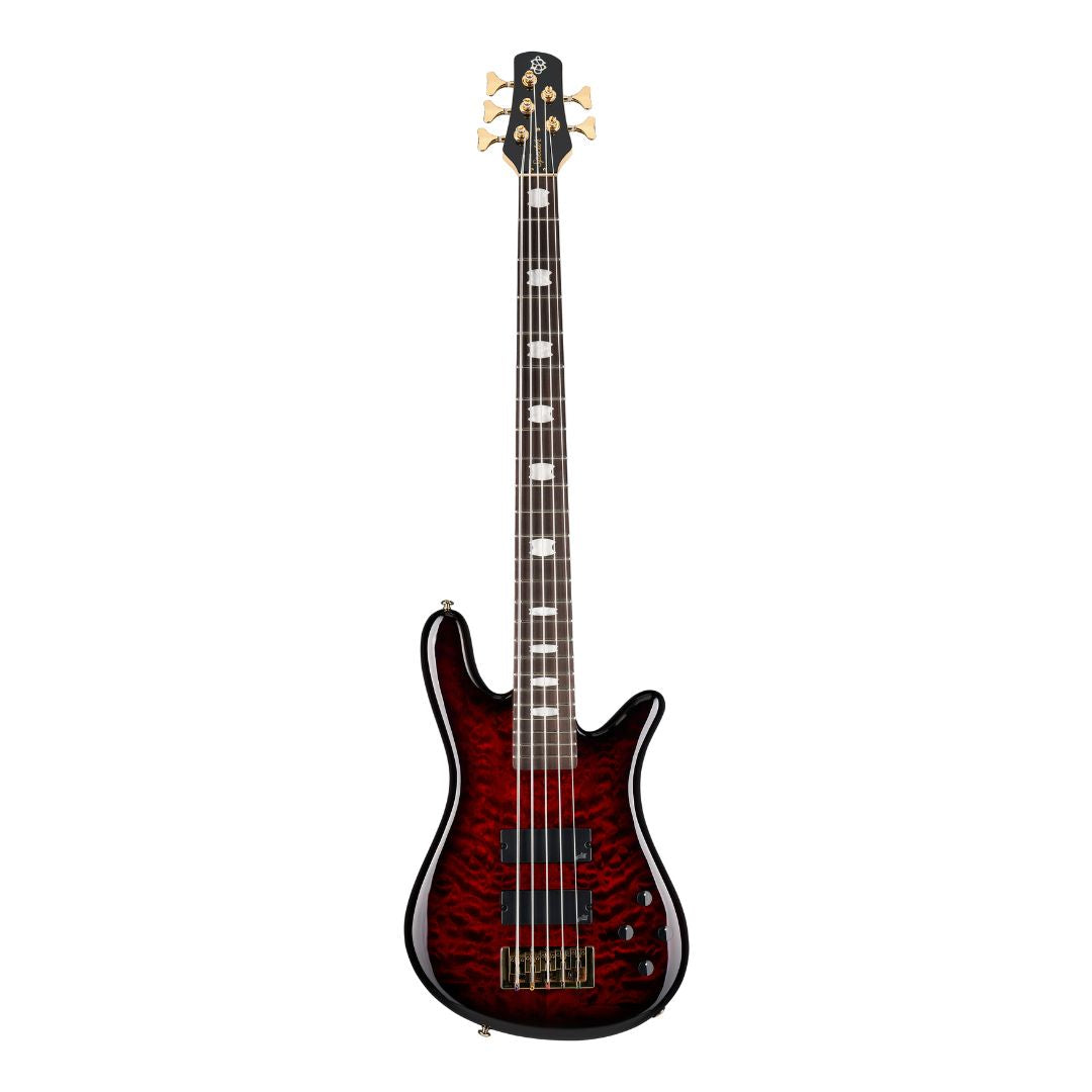 Front view of Spector NS Icon Bolt-On 5-String Bass Guitar Black Cherry Gloss on white background