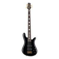Front view of Spector NS Icon Bolt-On 5-String Bass Guitar Black Gloss on white background