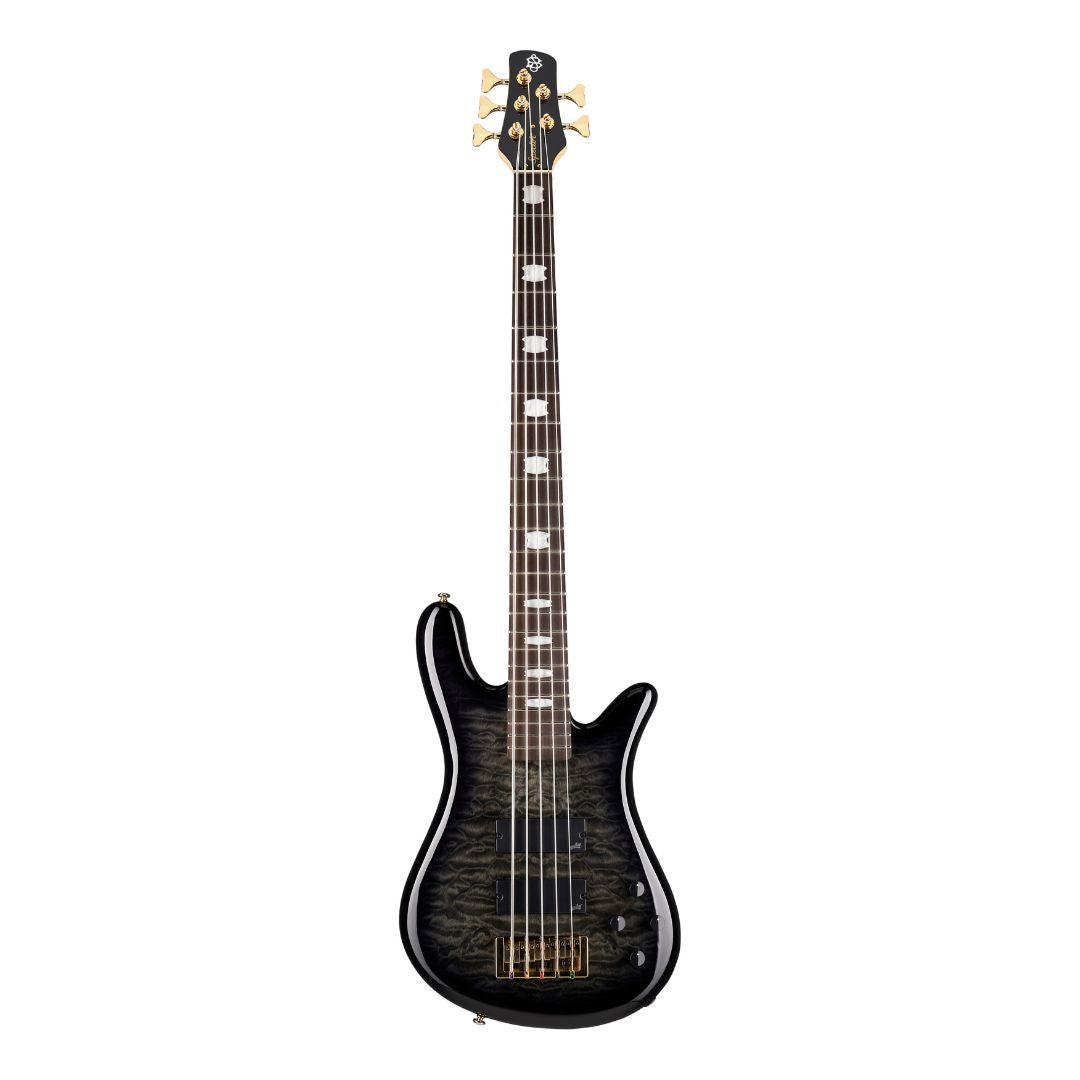 Front view of Spector NS Icon Bolt-On 5-String Bass Guitar Black Stain Gloss on white background