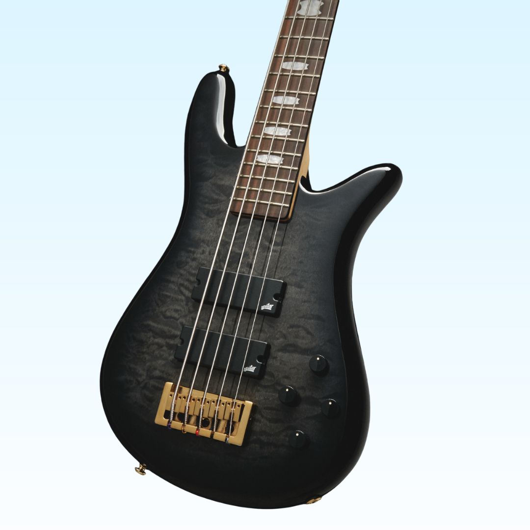 Close up angled front view of Spector NS Icon Bolt-On 5-String Bass Guitar Black Stain Gloss on blue background