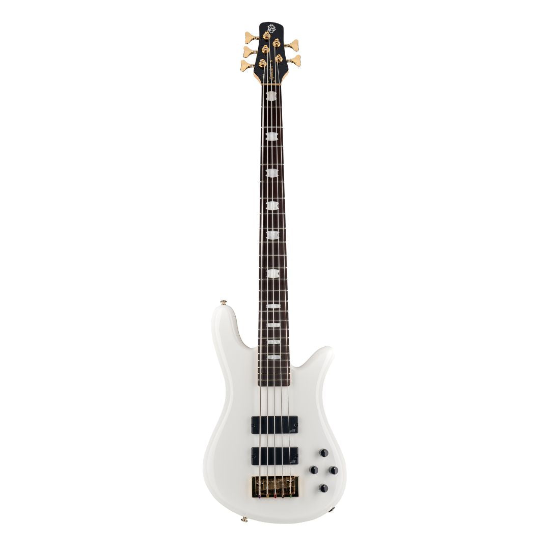 Front view of Spector NS Icon Bolt-On 5-String Bass Guitar White Gloss on white background