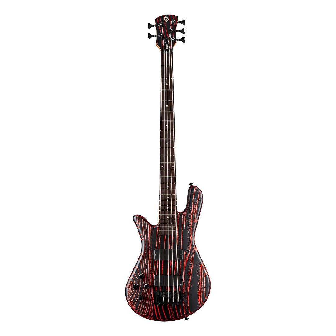 Front view of Spector NS Pulse 5-String Left-Handed Bass Guitar (Cinder Red) on white background