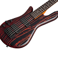 Angled close up view of Spector NS Pulse 5-String Left-Handed Bass Guitar (Cinder Red) on white background