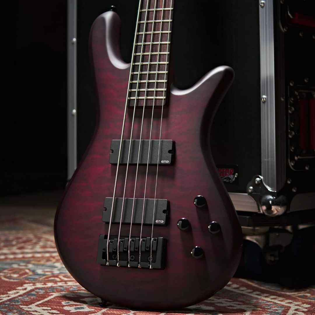 Close up front view of Spector NS Pulse II 5-String Bass Guitar Black Cherry Matte on carpet leaning on flight case in studio