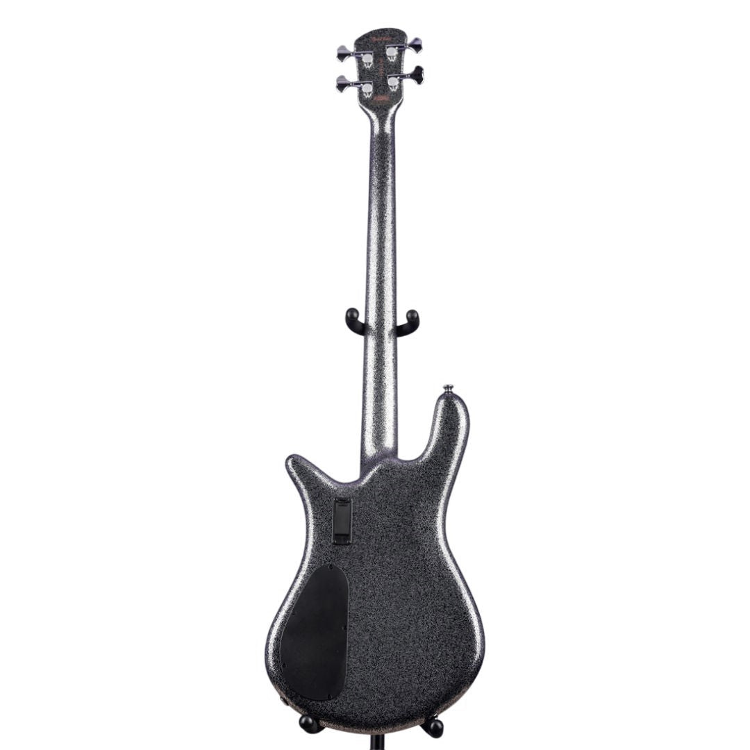 Black electric bass guitar on a white background