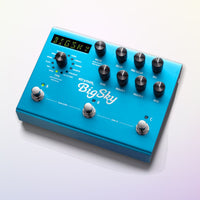 Angled top view of Strymon BigSky Reverberator Pedal on purple background