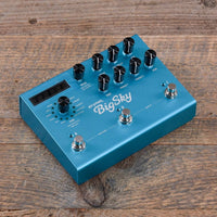 Angled top view of Strymon BigSky Reverberator Pedal on wooden floor