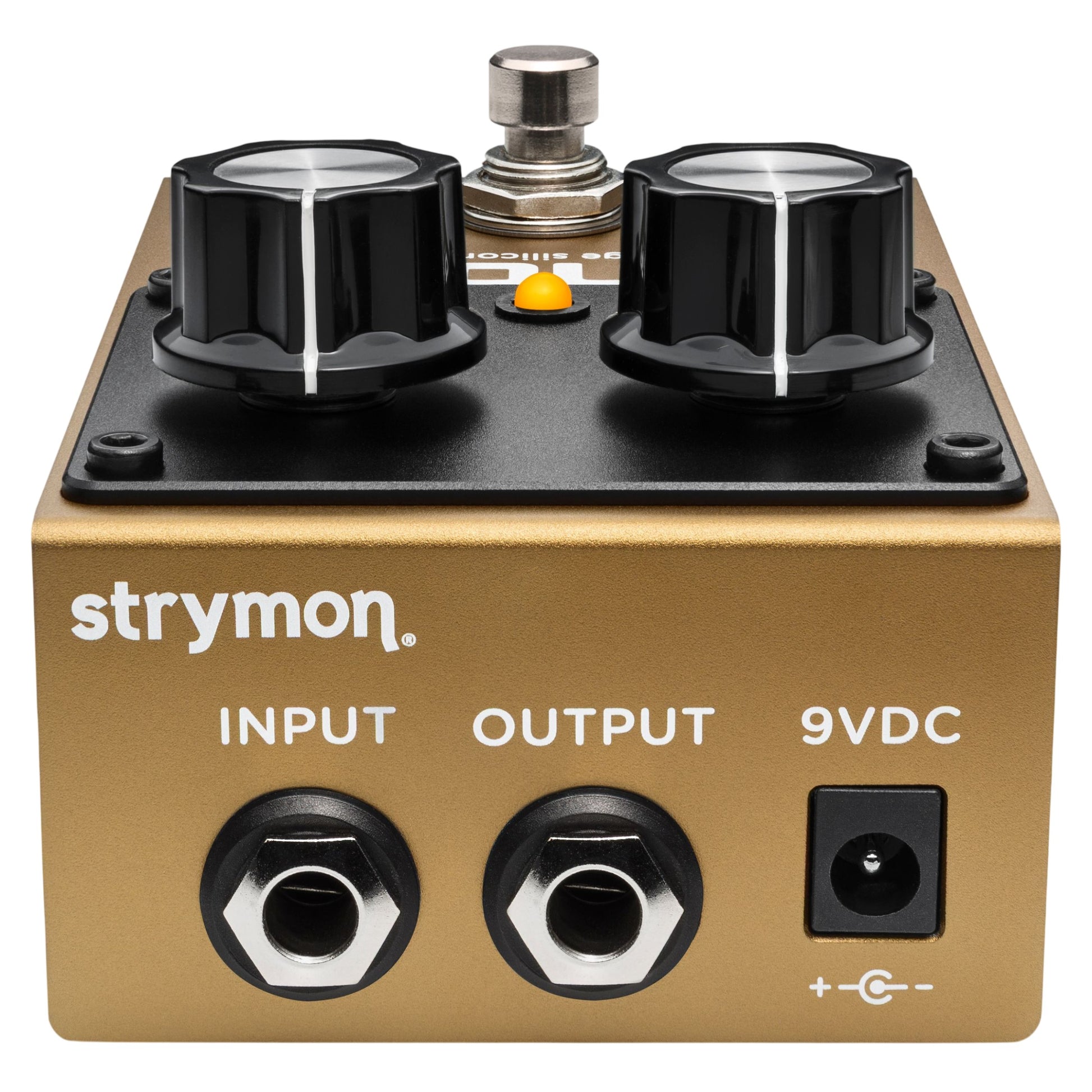 Top ports view of Strymon Canoga Vintage Silicon Fuzz Pedal on white background