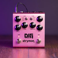 Front view of Strymon DIG on wooden surface with purple background
